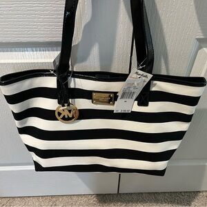 Michael Kors Black and White Striped Tote with Gold Hardware